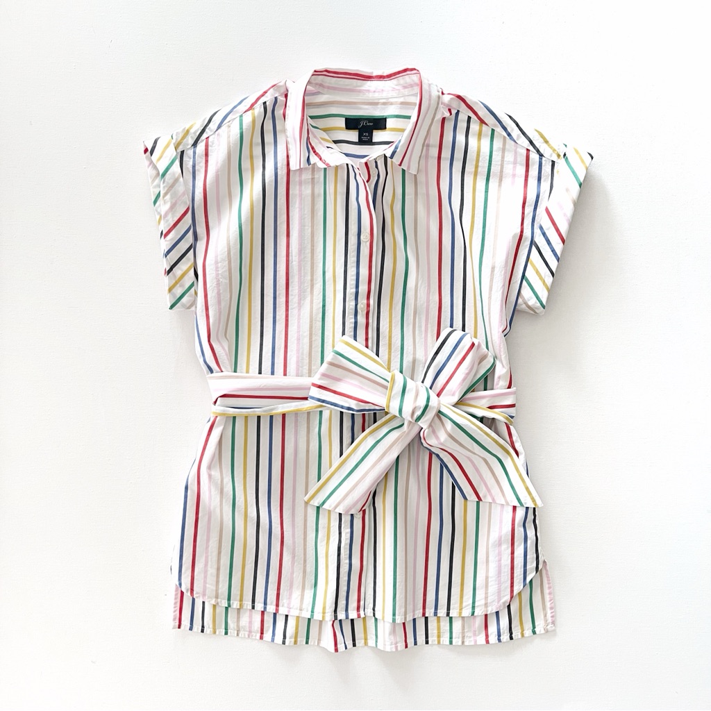 J. Crew Button Front Tie-Waist Top In Rainbow Mini Stripe Cotton Poplin Size Xs